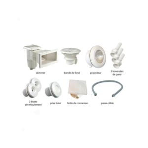 Kit pièces à sceller blanches piscines liner - N°1 Vous planifiez la construction d'une piscine ? Optez pour un kit de pièces à sceller adapté à votre configuration ! Prévu pour des piscines liner de dimensions maximales 8 x 4 m, cet ensemble est constitué de toutes les pièces à sceller nécessaires à la bonne circulation de l'eau.