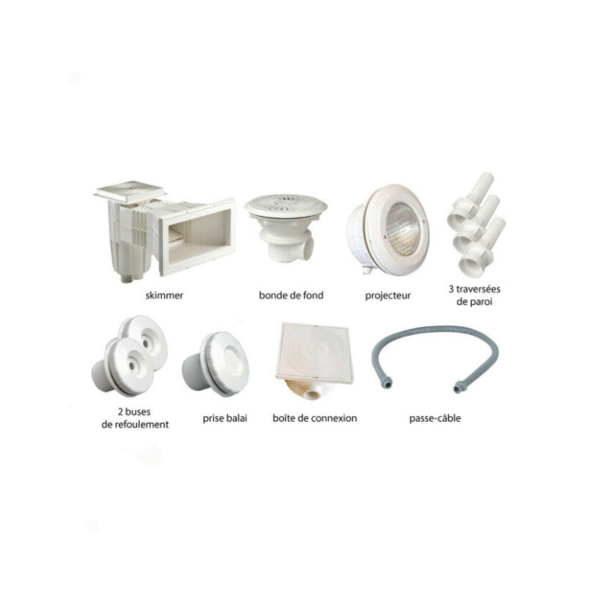Kit pièces à sceller blanches piscines liner - N°1 Vous planifiez la construction d'une piscine ? Optez pour un kit de pièces à sceller adapté à votre configuration ! Prévu pour des piscines liner de dimensions maximales 8 x 4 m, cet ensemble est constitué de toutes les pièces à sceller nécessaires à la bonne circulation de l'eau.