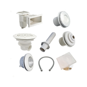 Kit pièces à sceller blanches piscines liner - N°1 Vous planifiez la construction d'une piscine ? Optez pour un kit de pièces à sceller adapté à votre configuration ! Prévu pour des piscines liner de dimensions maximales 8 x 4 m, cet ensemble est constitué de toutes les pièces à sceller nécessaires à la bonne circulation de l'eau.