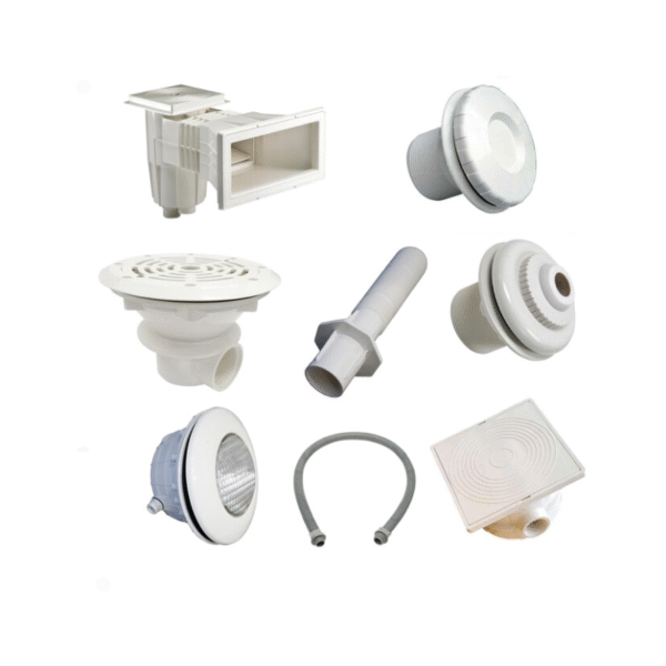 Kit pièces à sceller blanches piscines liner - N°1 Vous planifiez la construction d'une piscine ? Optez pour un kit de pièces à sceller adapté à votre configuration ! Prévu pour des piscines liner de dimensions maximales 8 x 4 m, cet ensemble est constitué de toutes les pièces à sceller nécessaires à la bonne circulation de l'eau.